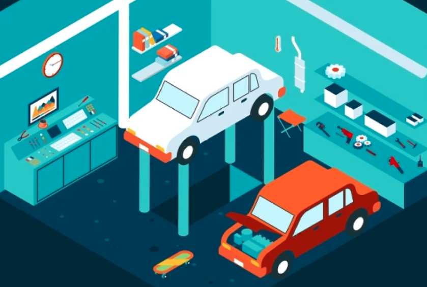 Isometric Auto Body car garage with car on lift
